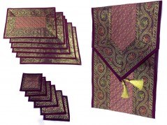 Indian Silk Table Runner with 6 Placemats & 6 Coaster in Maroon Color Size 16x62